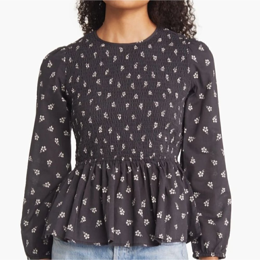 Marine Layer Gabrielle Smocked Top Black Modern Ditsy 3/4 Sleeves Popover Small